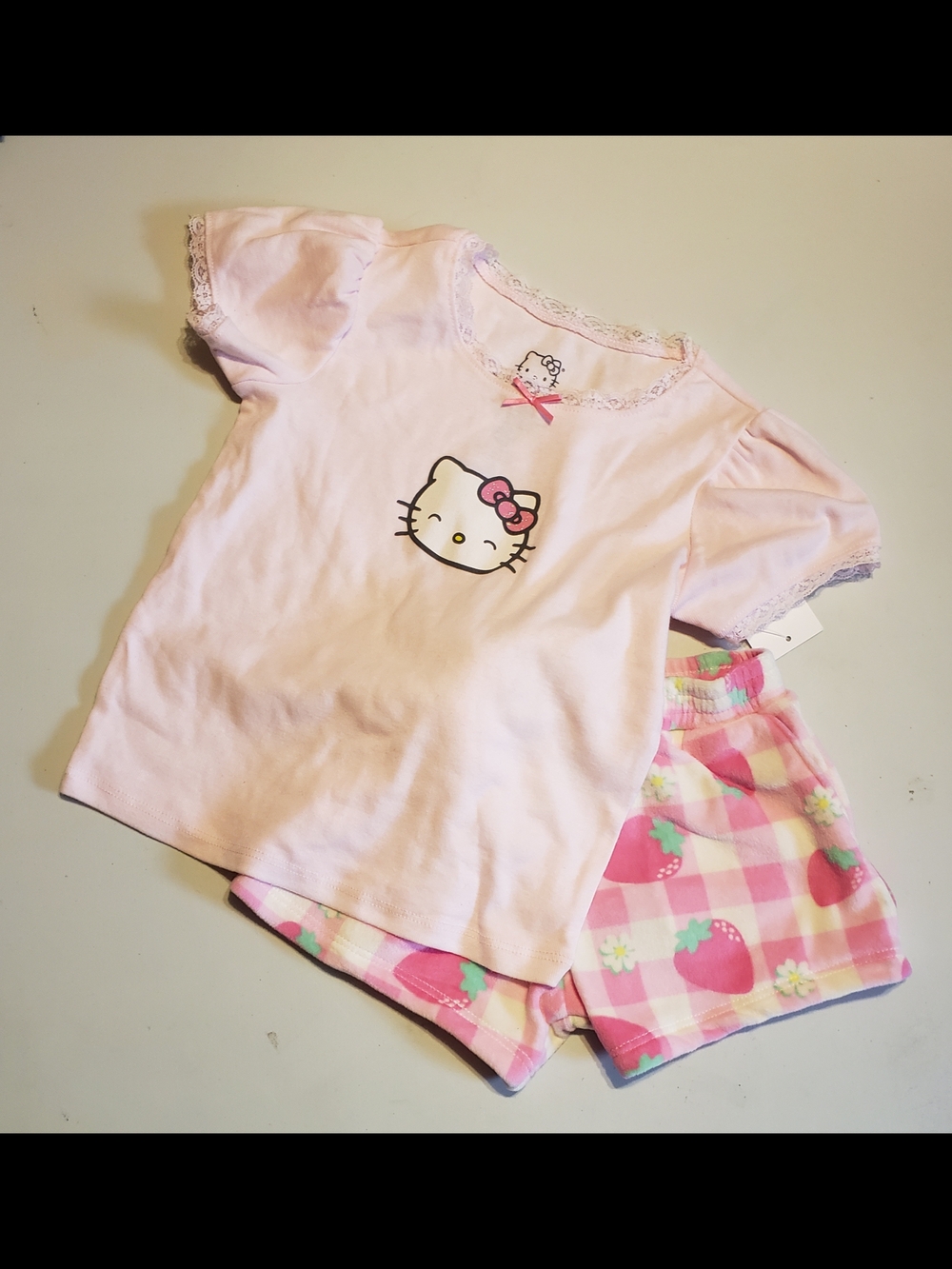Hello Kitty Pink Lace-Trim Short Pajama Set with Strawberry Shorts